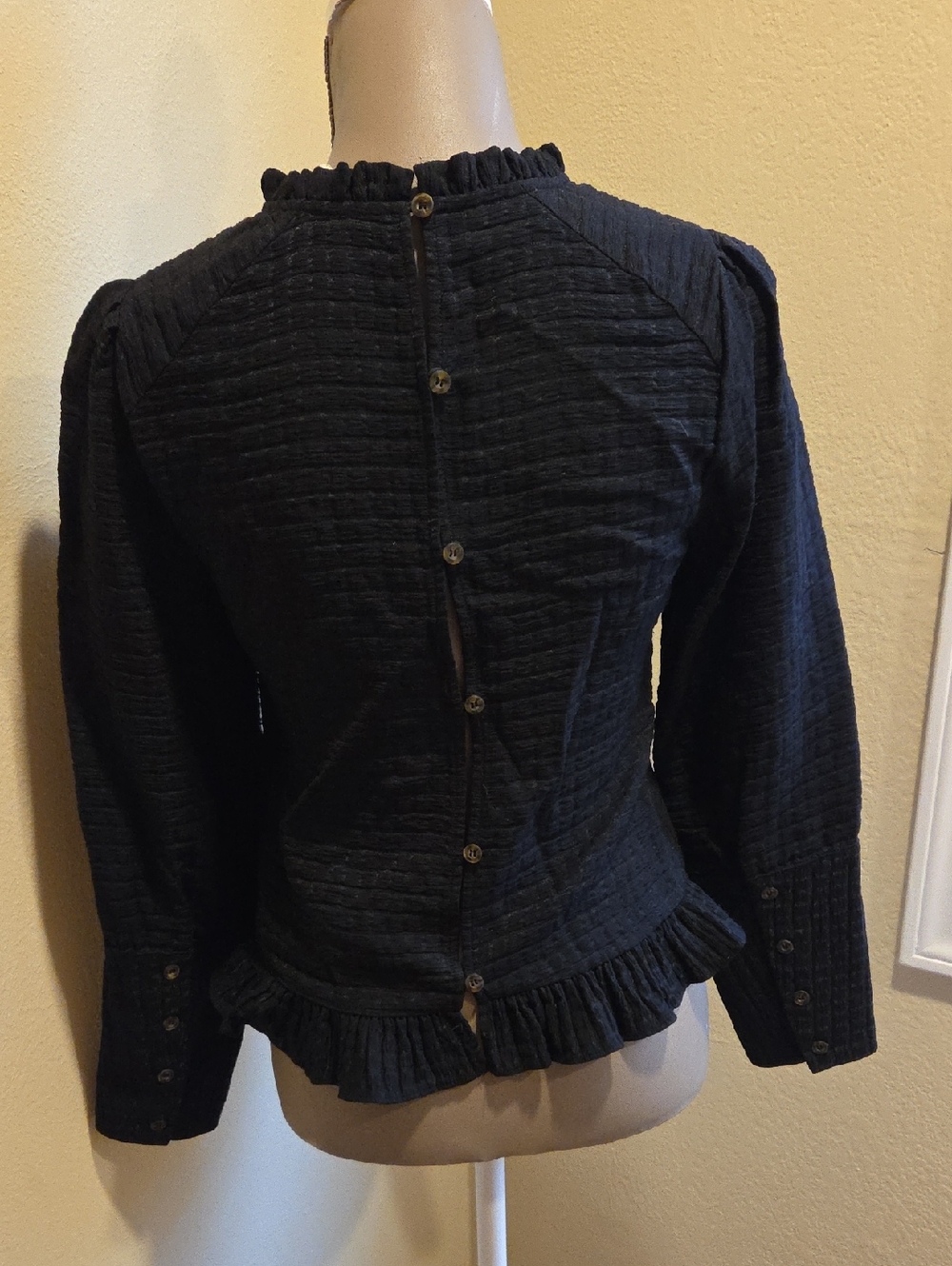 Black Ruffle-Trim Button-Back Blouse